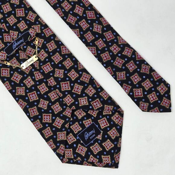 BRIONI SILK TIE BLACK RED BLUE DOMINOES GEOMETRIC PATTERN GOLD TAG 4" X 59" - Picture 2 of 4